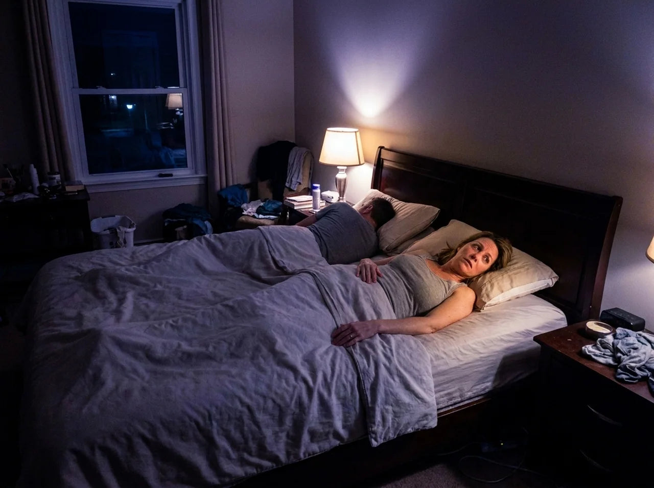 A woman lying awake at night, turned away from her sleeping partner